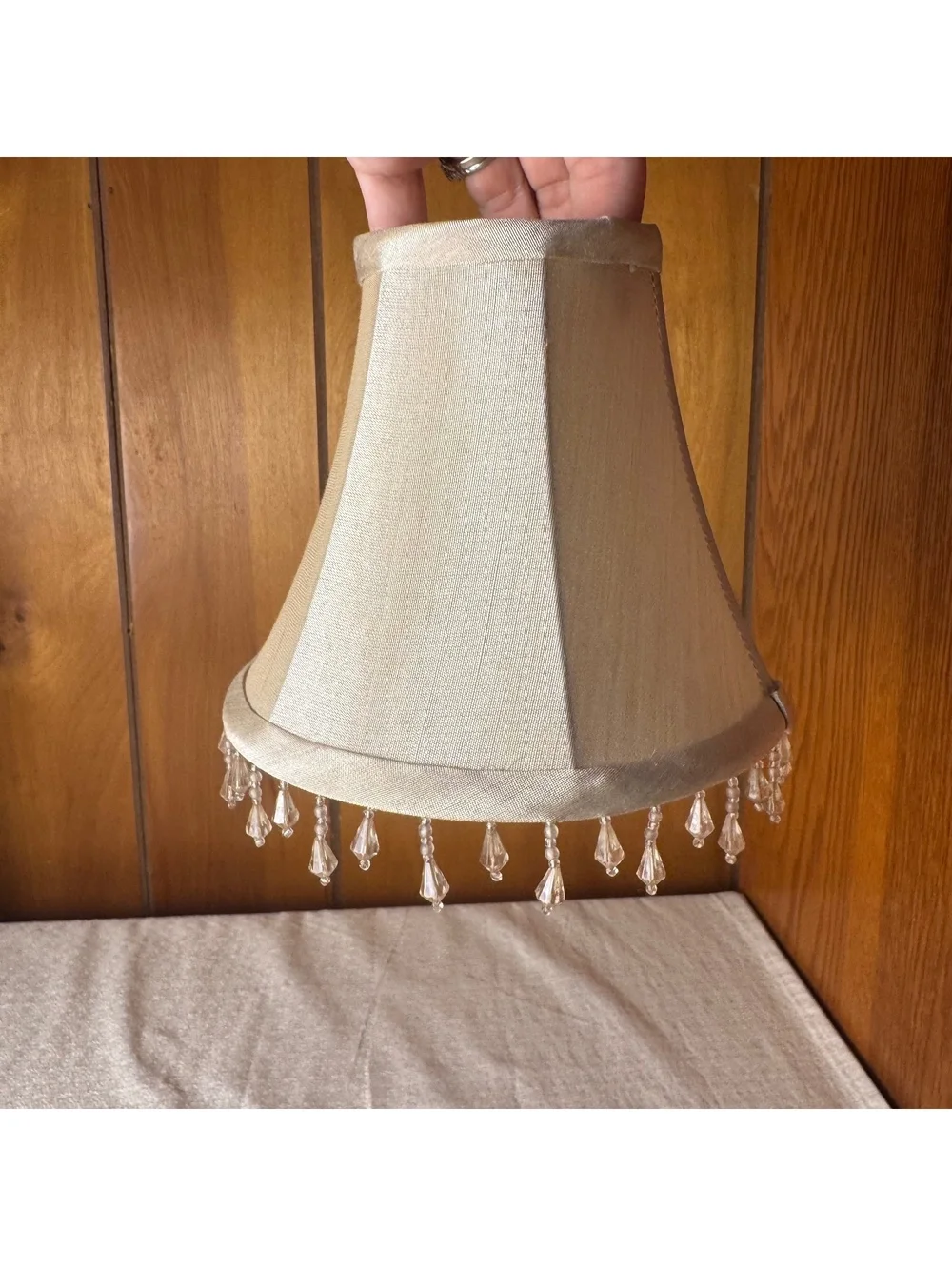 Vintage Beaded Bell Lamp Shade Champagne Satin Fabric Chandelier Style 7”